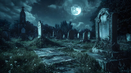 Fototapeta premium Abandoned Graveyard with Crumbling Tombstones at Night