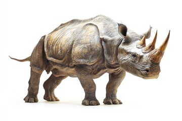 A prehistoric rhinoceros-like animal, isolated on white, focus on its thick skin and horns