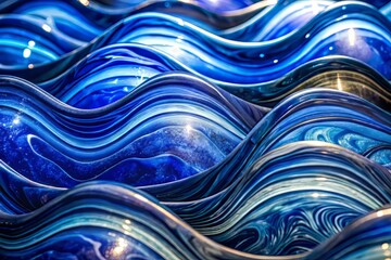 Indigo glass surfaces with undulating waves of marbled patterns shimmering under soft, cool-toned illumination, creating a sense of fluid dynamism and tranquil profundity.