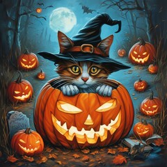 a cat in a hat peeks out of a pumpkin - an illustration for Halloween