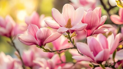 Fototapeta premium A magnolia tree with large, blooming flowers, isolated from background, focusing on the vibrant petals