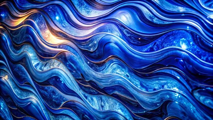 Obraz premium Indigo glass patterns undulate seamlessly across marbled textures illuminated by soft ambient light in a harmonious and abstract composition.