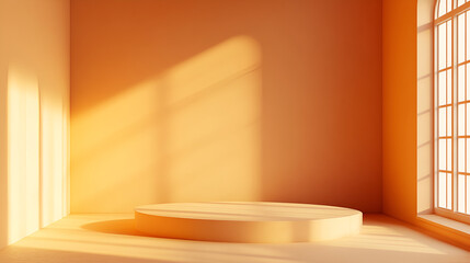 Abstract minimal scene with geometrical forms Orange background,Round 3d empty vector podium stage with orange background and spotlight. Showroom pedestals or product floor stage platfor