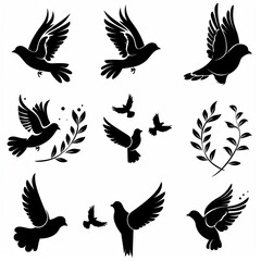 Obraz premium Peace dove graffiti, pigeons, twigs ink illustration. Flying birds silhouettes monochrome flat icons