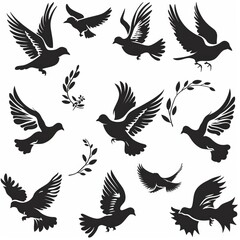 Obraz premium Peace dove graffiti, pigeons, twigs ink illustration. Flying birds silhouettes monochrome flat icons
