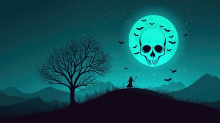 Glowing skull floats in mid air surrounded by swirling bats and the ghostly figure of a witch silhouetted against the moon.