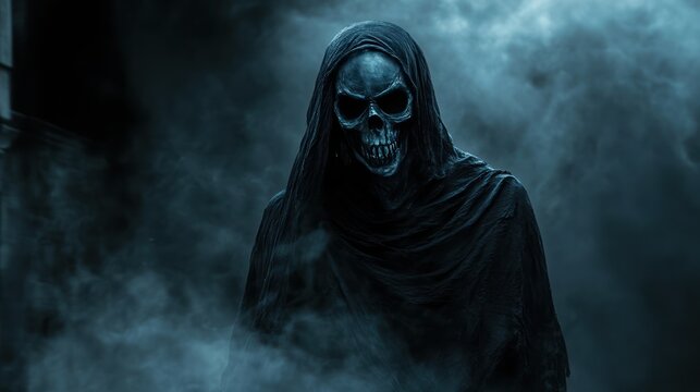 A gothic-style ghostly figure, isolated from background, with a pale, gaunt face and black attire