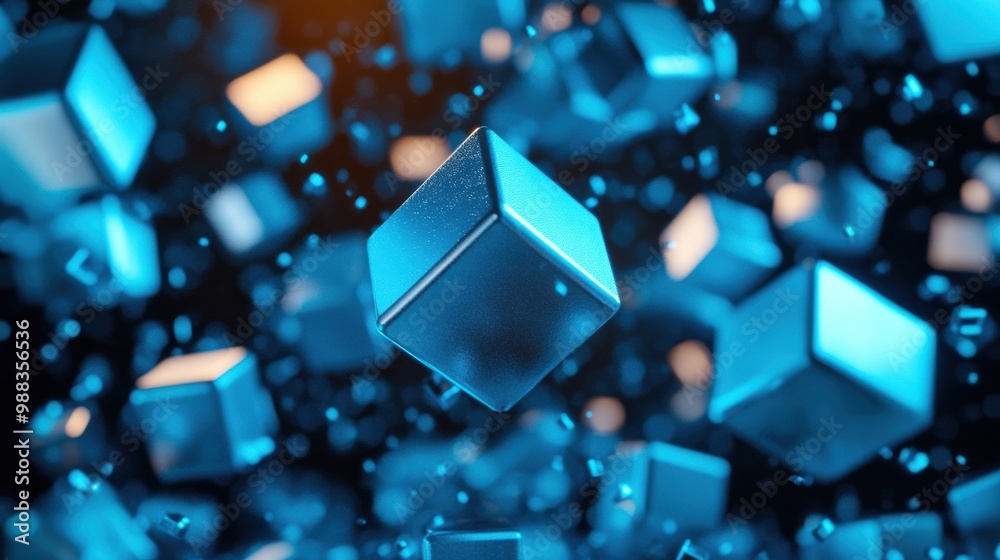 Poster geometric fragments in vibrant blue hover in darkness, creating a dynamic and surreal atmosphere fil