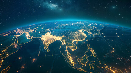 Fototapeta premium dynamic digital world map emphasize Asia continental for AI powered global network connectivity big data transfer cyber technology network information exchange and telecommunication 