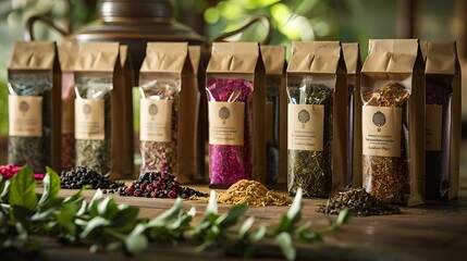 Variety of herbal tea bags showcasing different flavors and blends in attractive packaging for representing natural wellness diverse choices and premium beverage concept.