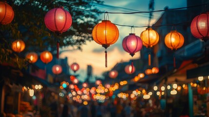 Vibrant street food market at sunset, illuminated by colorful lanterns, lively atmosphere capturing urban energy and diversity