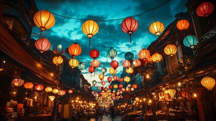 Vibrant street food market at sunset, illuminated by colorful lanterns, lively atmosphere capturing urban energy and diversity