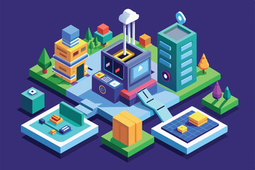A colorful isometric landscape features modern buildings, greenery, and a dynamic layout showcasing various activities in an urban setting.