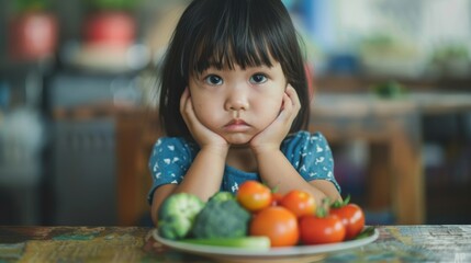 A young girl looks disappointed as she sits at a table with a plate of fresh vegetables and fruits, surrounded by a cheerful environment
