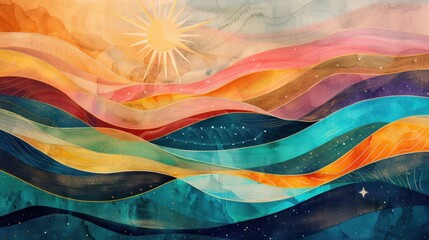 Colorful waves undulate across the canvas, illuminated by a radiant sun, creating a lively atmosphere filled with movement and depth