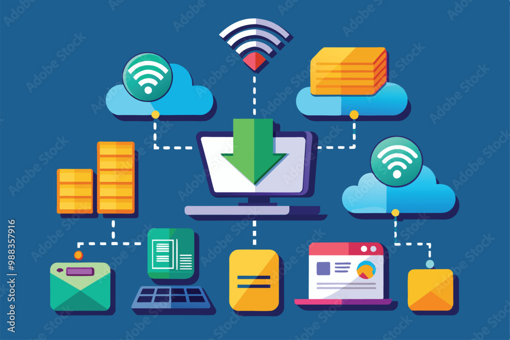 Poster a visual representation of downloading files through a wi-fi network, showing cloud storage and data