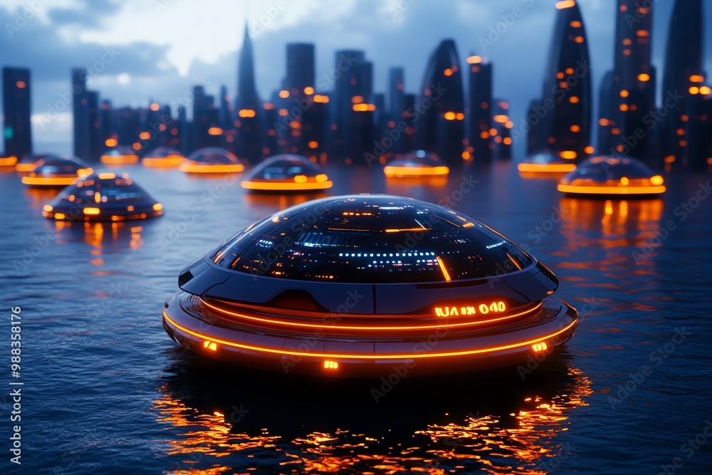 Aufkleber futuristic floating city, using advanced technology to hover just above the surface of the ocean, wi