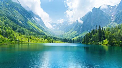 Nestled in the mountains, the tranquil lake mirrors the surrounding greenery, inviting outdoor enthusiasts to explore its stunning landscape