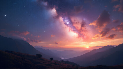 Fototapeta premium a very big pretty colorful galaxy in the sky close to some hills