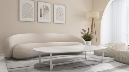 Elegant white sofa, oval coffee table on gray shag rug in sunlight from window arch with sheer curtain on cream wall luxury, modern living room for interior design decoration, product background 3D