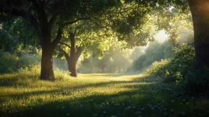 A serene outdoor scene with trees and grass is illuminated by soft, natural light evoking peacefulness and calm