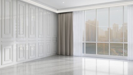 Empty apartment room with large window to cityscape view, white sheer, beige blackout curtain,...
