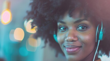 A friendly customer service representative smiles while using her headphones in a contemporary office setting, creating a welcoming atmosphere