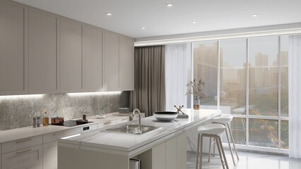 White marble kitchen island in modern, luxury kitchen with beige built in cabinet, cupboard in sunlight from window to cityscape view for interior design decoration, product background 3D