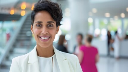 A professional woman with short hair and a white blazer is smiling warmly, embodying confidence at a networking event in an office space
