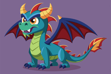 Obraz premium A vibrant dragon character with sharp horns and detailed scales stands confidently, showcasing its playful yet fierce personality on a soft purple backdrop.