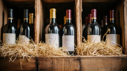 Naklejka premium Close-up of wine bottles stored in a wooden shelf surrounded by straw, creating a rustic cellar vibe