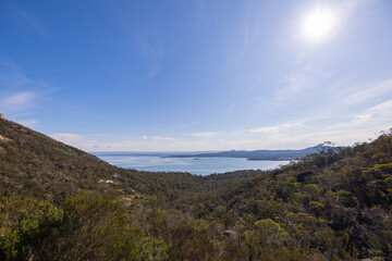 Scenic panoramic views of Wineglass Bay in Freycinet National Park, Tasmania