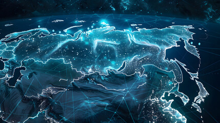 dynamic digital world map emphasize America and Asia continental for AI powered global network connectivity big data transfer cyber technology network information exchange and telecommunication	