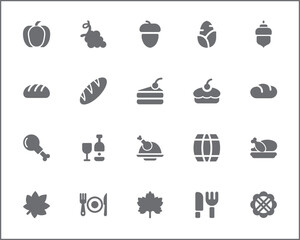 Set of Thanksgiving Icons line style. Contains such Icons as autumn, food, drink, celebration, Pilgrims, decorations, farming, gifts, nature, produce And Other Elements.