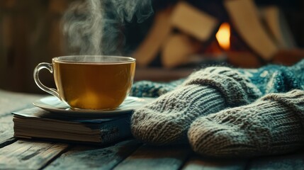 Cozy Winter Evening by the Fireplace with a Cup of Tea
