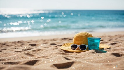 Summer Vacation On Sunny Sand With Glittering On Defocused Ocean