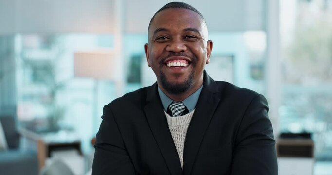 Portrait, arms crossed and happy black man in office for business, experience or job opportunity. Face, confidence or African professional entrepreneur in suit with funny salesman laughing in company