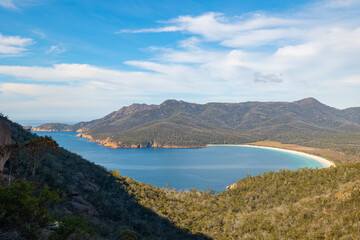 Scenic panoramic views of Wineglass Bay in Freycinet National Park, Tasmania