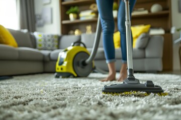 Carpet cleaning, long pile, fluffy doormat, dirty rug. Woman hoovering carpet in living room. Cleaning service