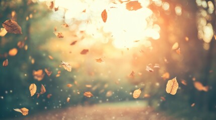 Golden autumn leaves drift gracefully down as pumpkins and berries add color to the tranquil sunlit forest landscape