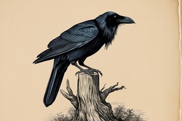 Whimsical Etching of a Raven Perched on an Ancient Tree