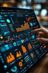 Digital analytics data visualization. Big data. Network connection. Artificial intelligence technology. Digital tech. Hand typing, gesturing.	
