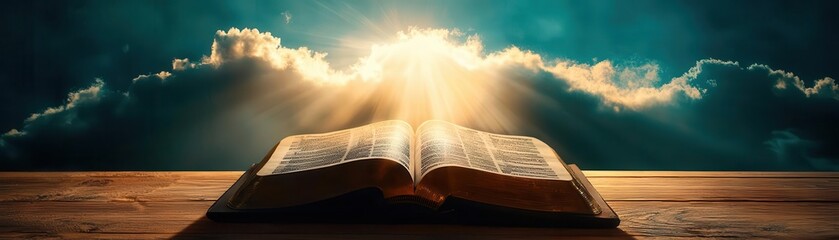 A glowing open book with light shining from above, symbolizing inspiration and enlightenment in a serene atmosphere.