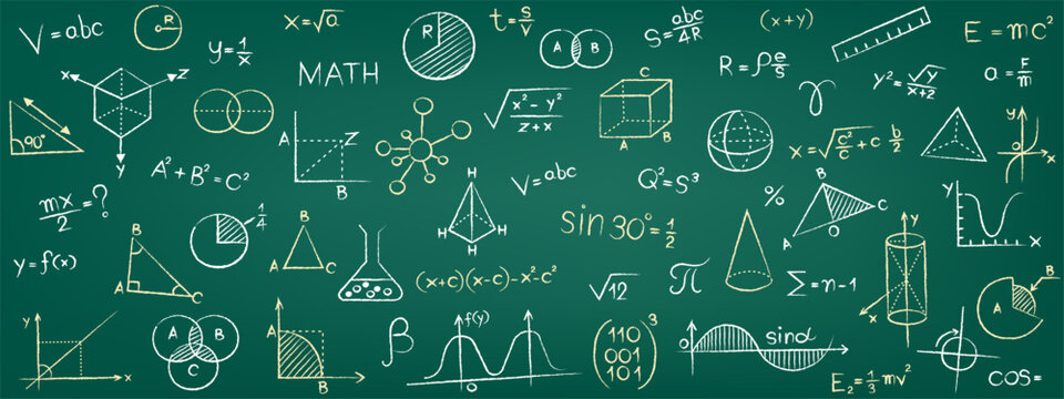 A seamless pattern of education and science doodles in a chalk sketch style. A repeatable academic background on a teal green chalkboard for e-learning websites, presentations, and school projects.