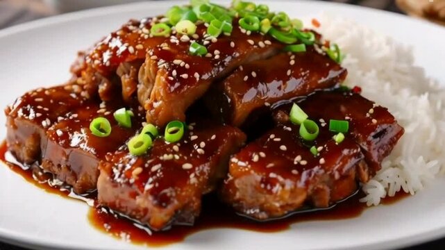 Chinese traditional cuisine sticky braised pork belly with rice on white plate hd video 4k clip food, meat, meal, dinner, pork, chicken, plate, sauce, fried, beef, dish, roasted, vegetable, grilled, c