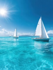 Fototapeta premium Two sailboats glide through crystal-clear turquoise waters under a bright sun, creating a serene and picturesque maritime scene.