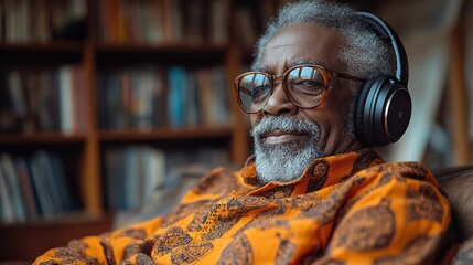 elderly man listening to vinyl with headphones sitting relaxing on sof pairing turntable with pair of wireless headphones at home
