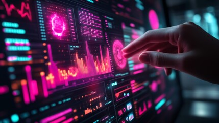 Fototapeta premium Digital analytics data visualization. Big data. Network connection. Artificial intelligence technology. Digital tech. Hand typing, gesturing. 