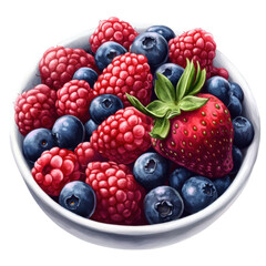 Bowl of mixed berries (strawberries, blueberries, and raspberries). png, transparent background.