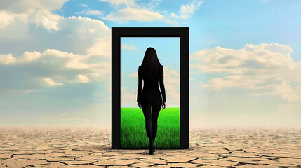 Businesswoman walking through doorway to green grass in barren landscape
